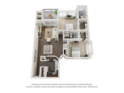 Floor plan for 2 beds, 2 baths, 1129 sqft